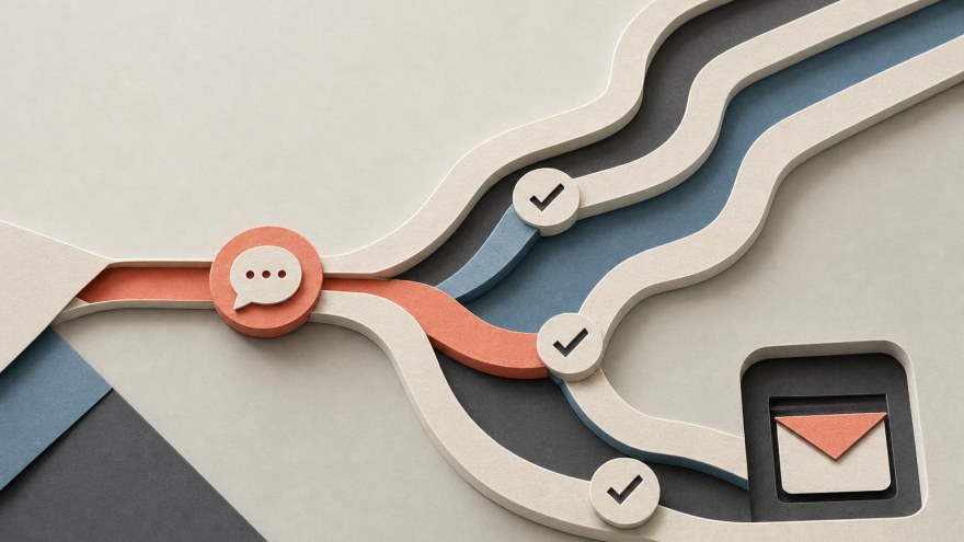 Layered paper paths showing a message token moving through delivery checkpoints