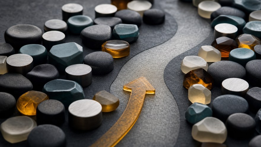 Macro editorial photograph of tactile duration tokens arranged around an open path