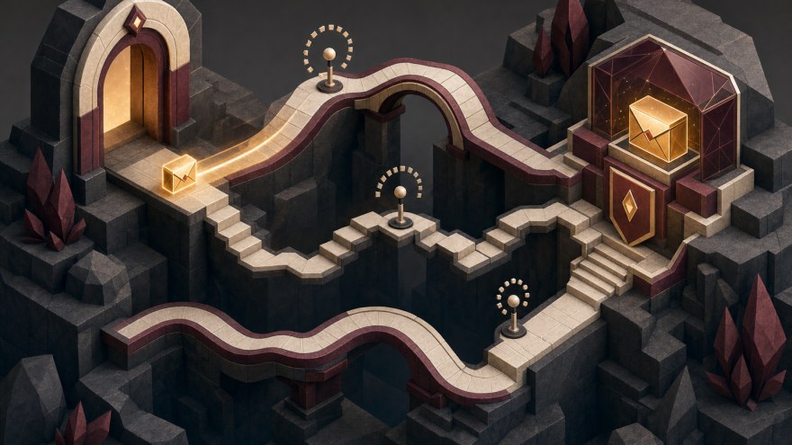 Isometric illustration of a sealed message moving along several timed routes toward a protected inbox