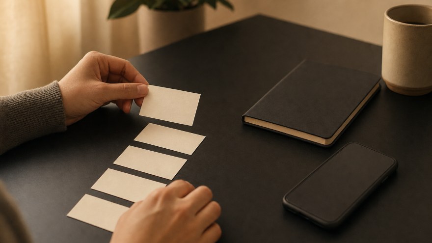 Hands arranging a lawful account-preparation checklist beside a closed notebook and face-down phone