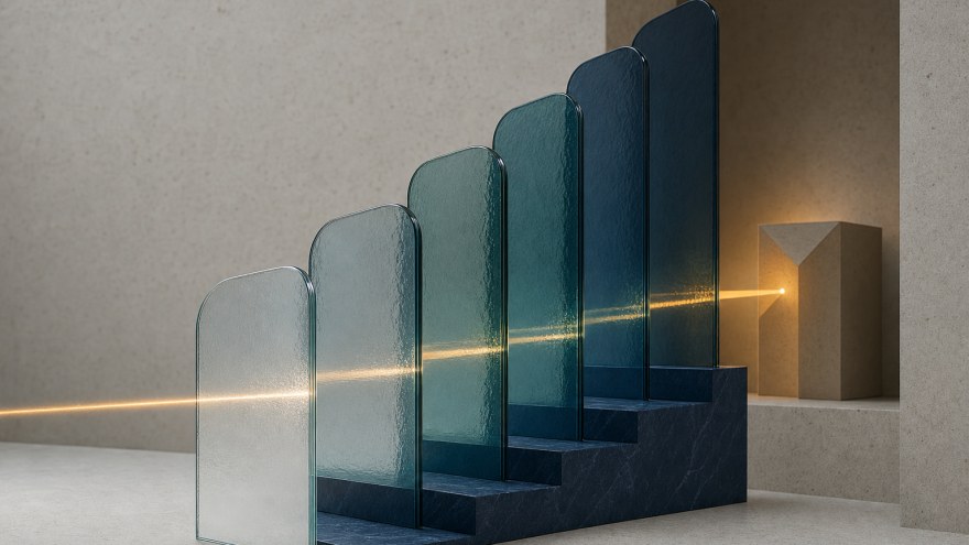 Abstract glass checkpoints guiding a narrow signal toward a secure endpoint