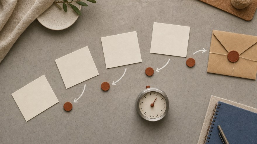 Overhead editorial desk scene with planning cards, a timer, an envelope, and routing markers