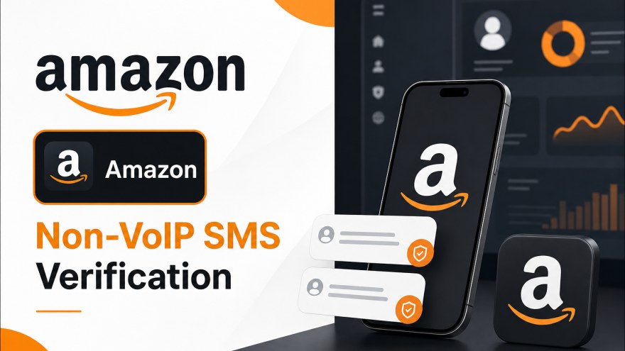 Amazon non-VoIP number SMS verification concept with phone and clean Amazon badge