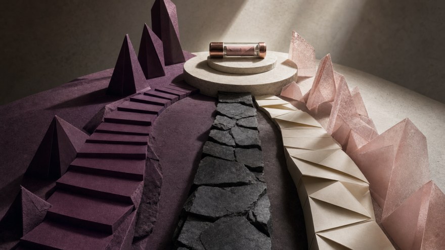 Abstract sculptural paths converging on a sealed message capsule
