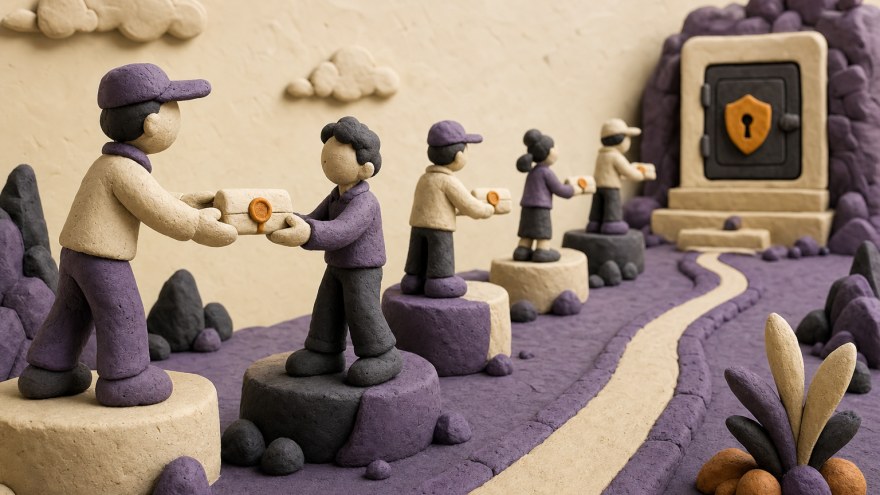 Handmade clay relay stations passing a sealed message object toward a protected slot