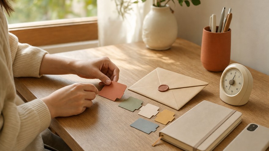 Hands arranging blank preparation materials beside a closed notebook and face-down phone