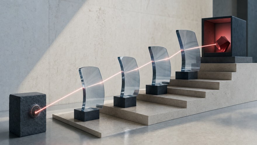 Abstract translucent glass checkpoints guiding a narrow light beam toward a secure destination