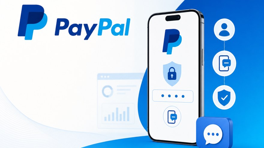 PayPal non-VoIP number SMS verification concept with phone and clean dashboard visuals