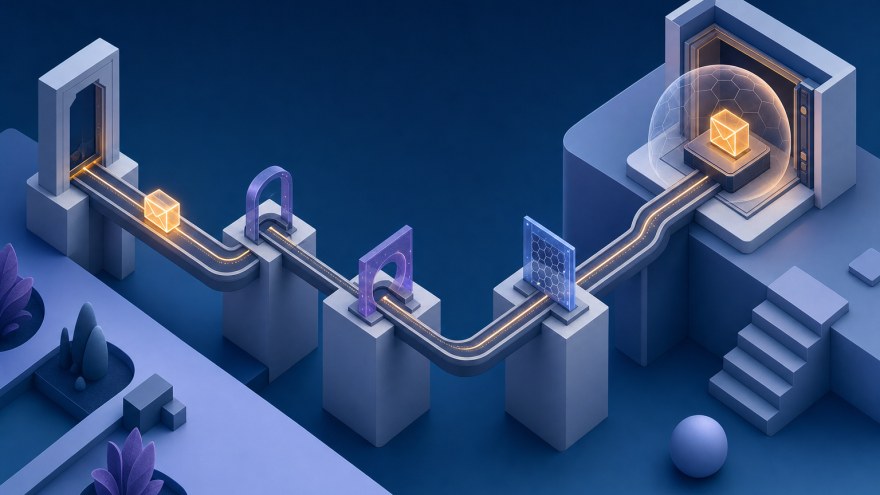 Isometric route carrying an abstract message object through checkpoints to a protected inbox